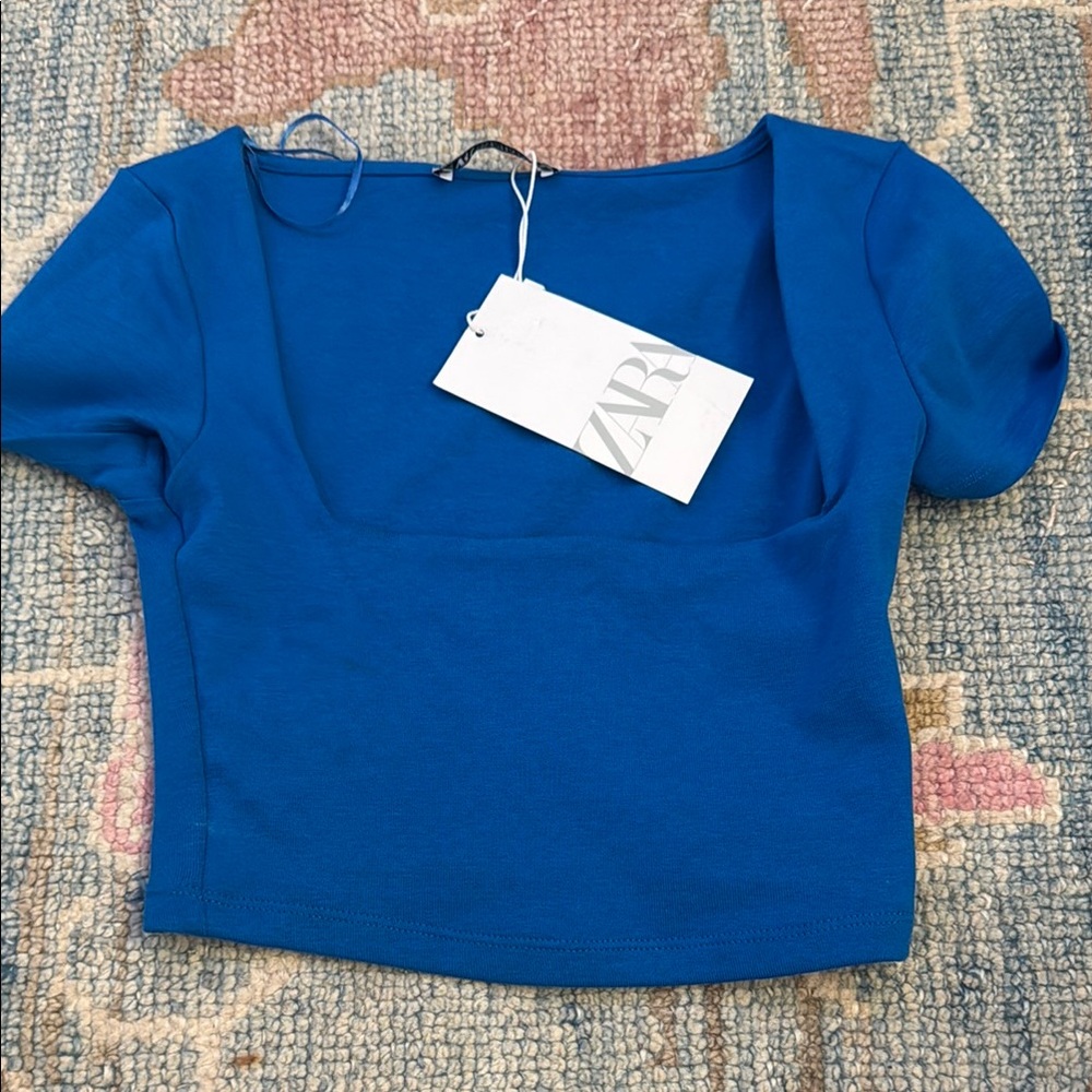 cropped blue square neck top from zara
